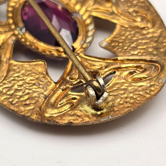 Art Nouveau Style Gold Tone Sash Pin Brooch Faceted Amethyst Glass Statement - Picture 5 of 10